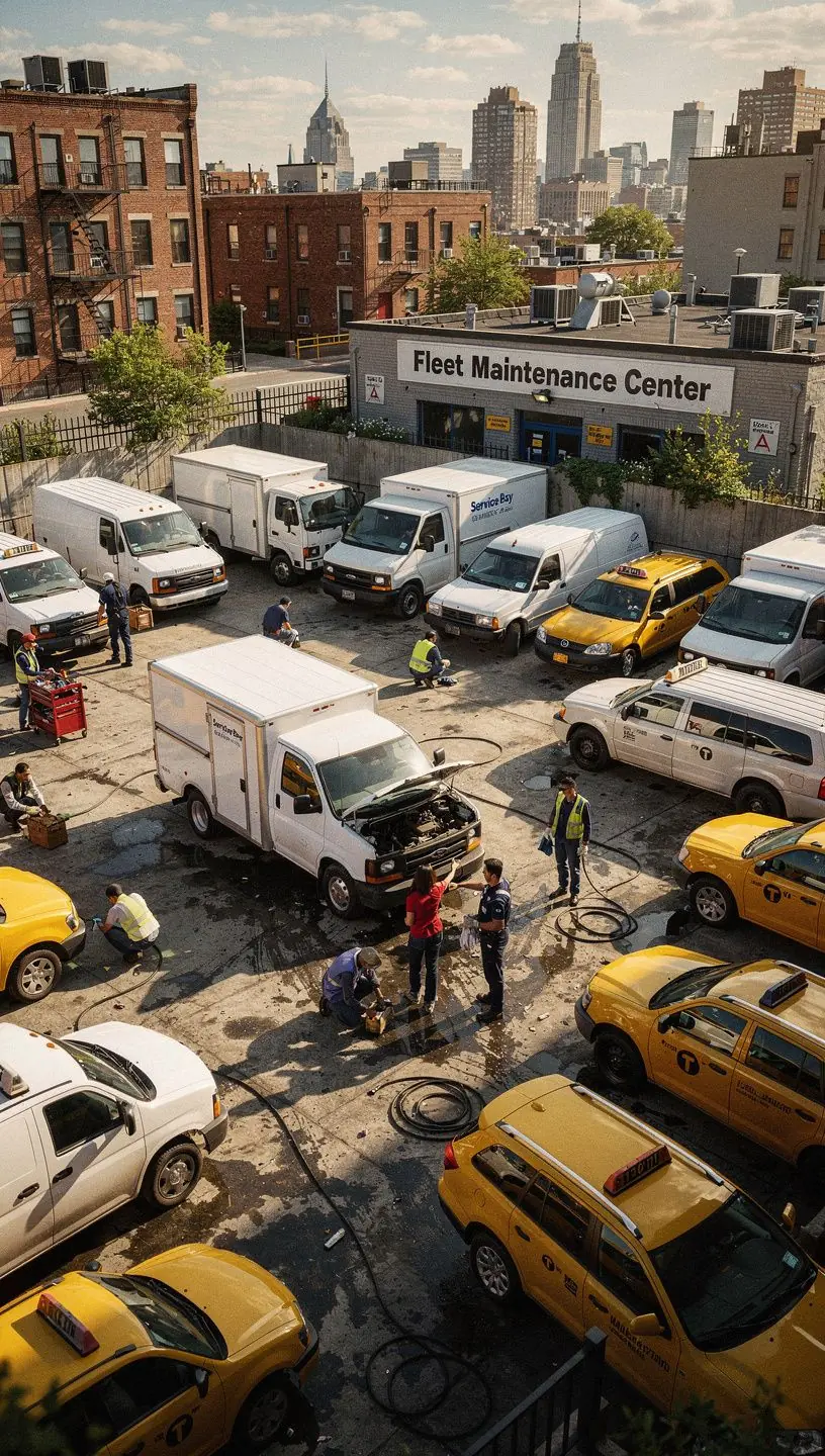 Group of commercial transport trucks lined up for scheduled maintenance at a New York fleet agency.